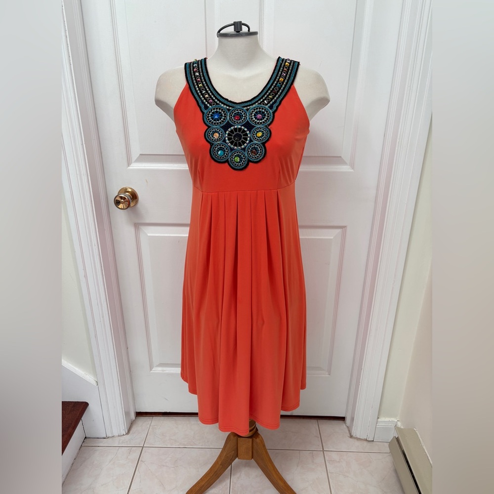 Nina Leonard Vibrant Orange Embellished Midi Dress